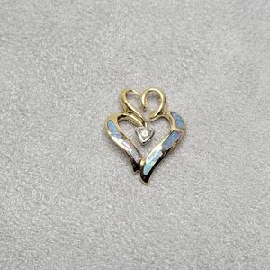PRECIOUS 14K Yellow Gold Australian Opal Inlay Heart Pendant w/Diamond Accent